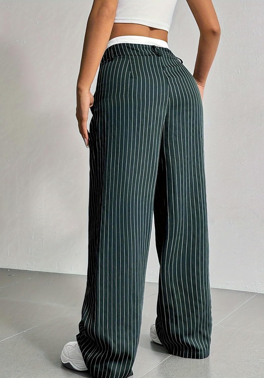 LKOUS Women's High Waisted Dress Pants Stretchy Wide Leg Striped Trousers Casual Work Office Pants with Pockets - Image 3
