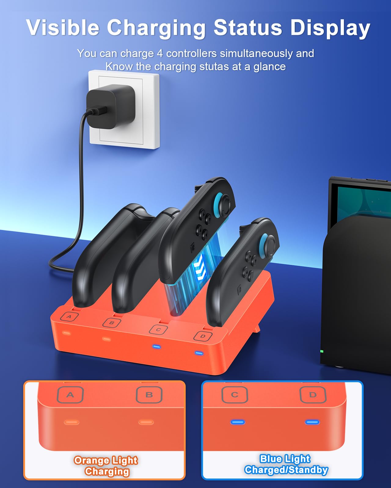 [Adatto per Switch 2&1] 4 in 1 Controller Stazione di ricarica per Nintendo Switch 2/Switch1/OLED, WAXITY Caricatore orizzontale magnetico veloce per Joy Con 2&1 con cavo di ricarica USB (arancione)