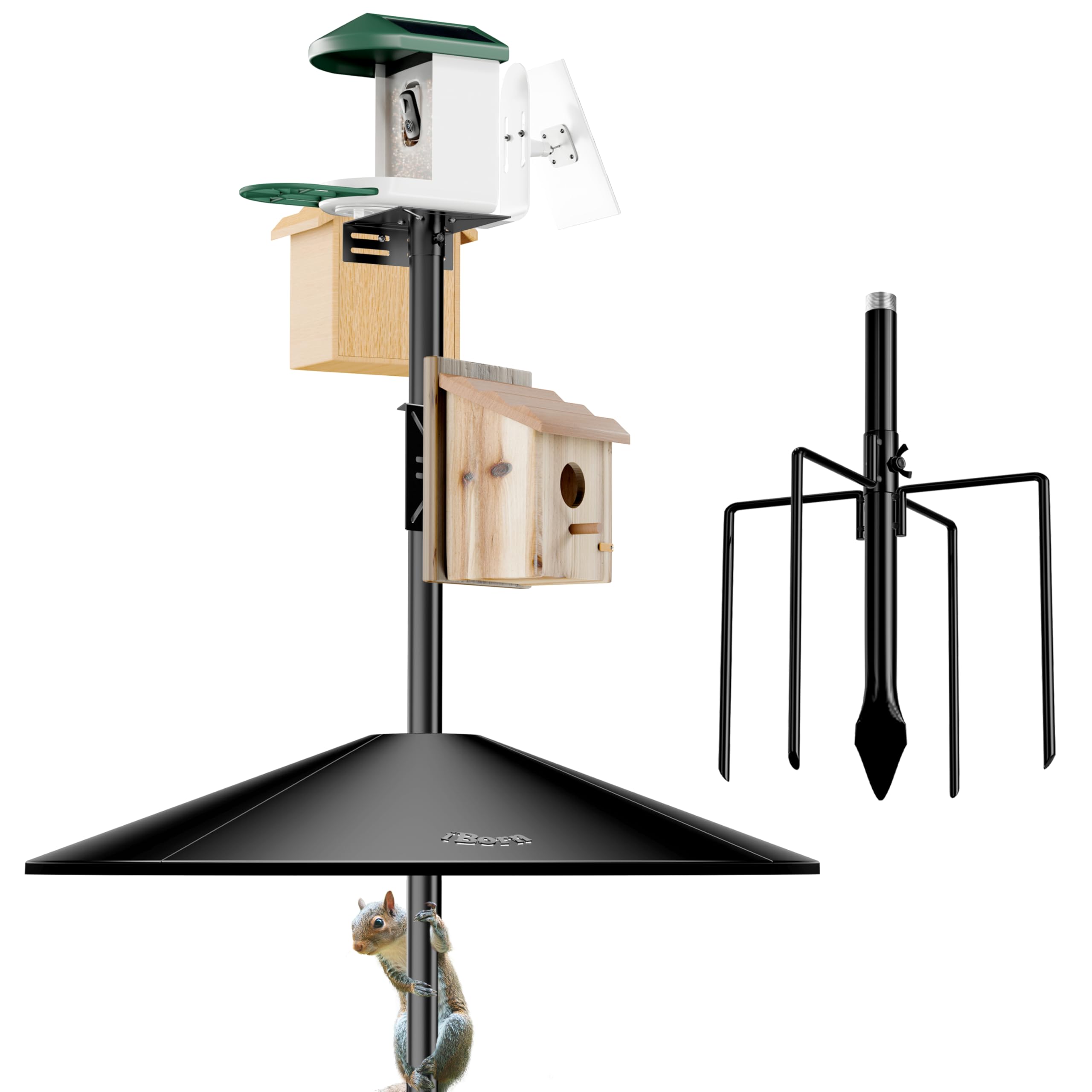 iBorn Smart Bird Feeder Pole con deflettore scoiattolo, 160 cm telecamera mangiatoia per uccelli palo casetta per uccelli e deflettore oversize da 49,5 cm, kit di montaggio per supporto alimentatore