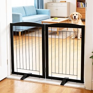 ZJSF Freestanding Dog Fence Indoor, Foldable Dog Gate for Doorways, Stairs or Hallways, Sturdy Wood Extra Wide Pet Gate with Support Feet for The House, Black, 24 "Height-2 Panels