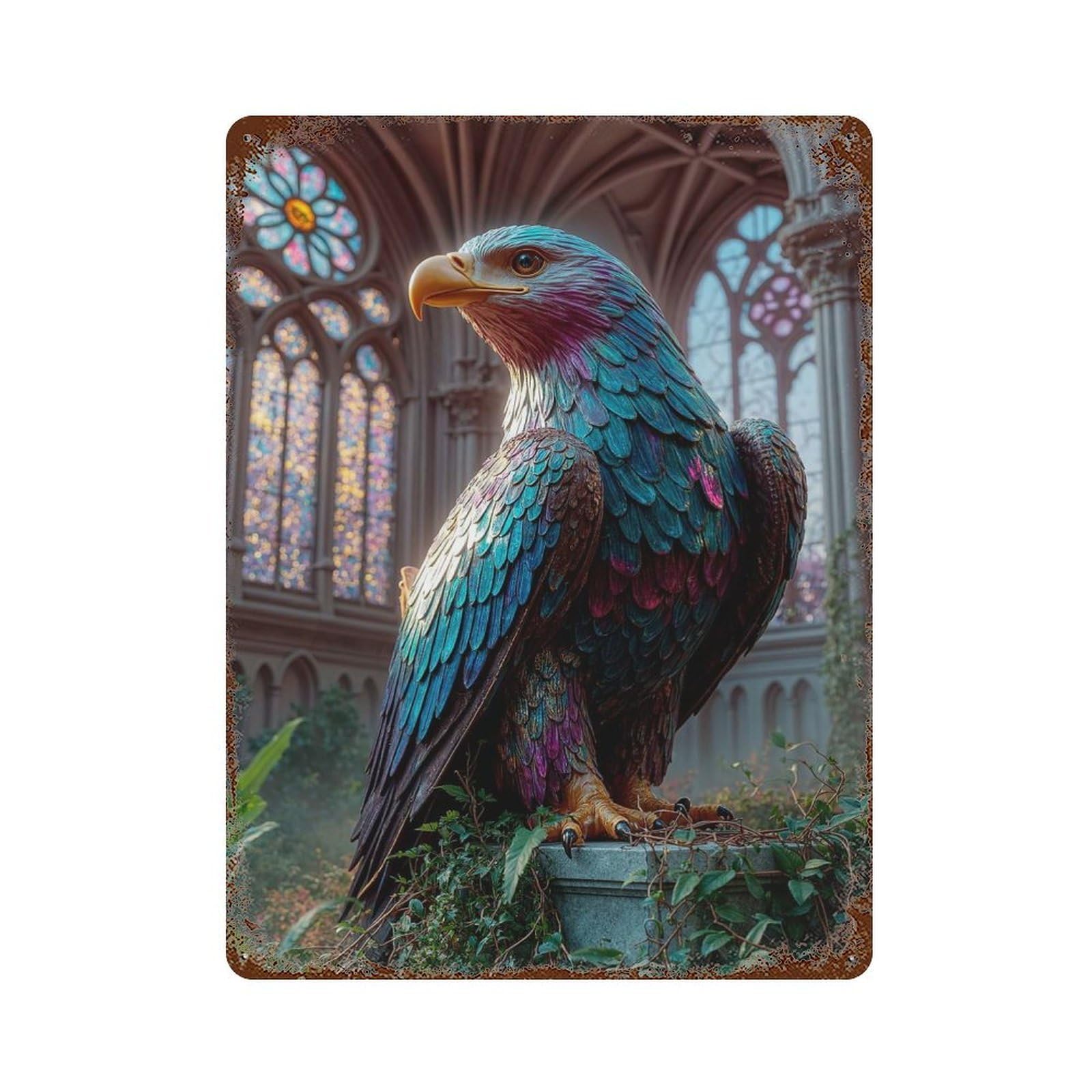 Majestic Eagle Statue in Gothic Setting Vintage Rust Metal Sign 15.7"x11.8", Shabby Chic Decor for Garage, Pub Or Kitchen