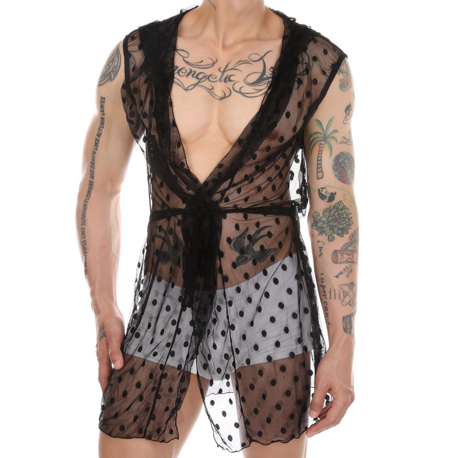 Robe de chambre longue en dentelle pour homme - Lingerie sexy - Chemise transparente - Veste sans manches - Débardeurs - Vêtements de nuit en maille - Sous-vêtements - Chemise en maille