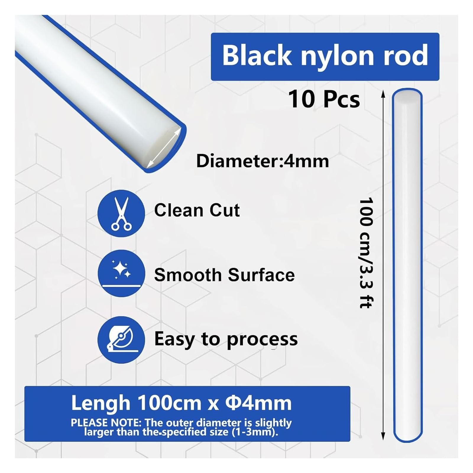 Tige en Nylon PA6, 10 pièces, blanc, 100cm de diamètre 3-10mm, barre ronde en plastique résistant à l'usure for le bricolage, le modélisme et l'ingénierie(10mm)