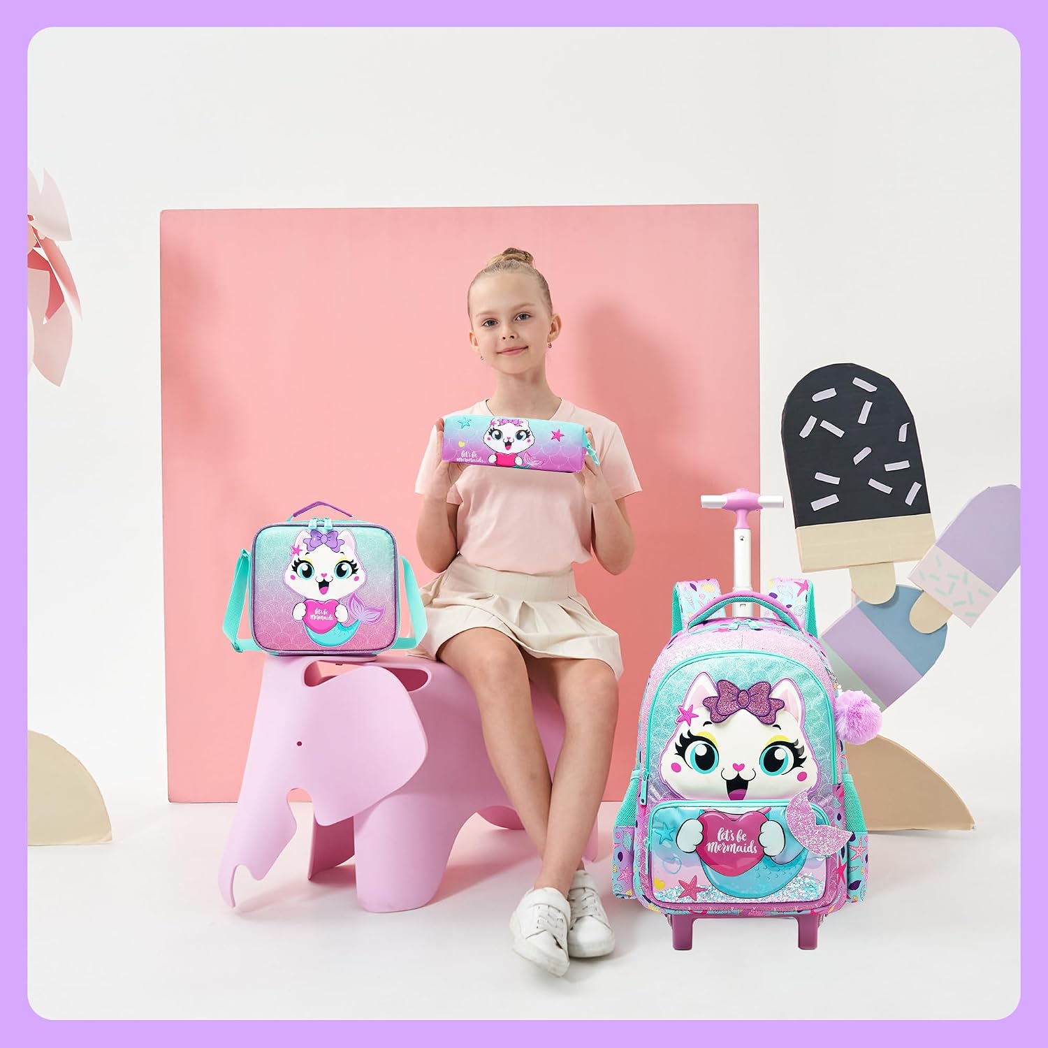 Cute Cat Rolling Backpack with Wheels for Elementary Preschool Students Kids Travel Luggage Carry on Backpack for Girls Ages 6-8