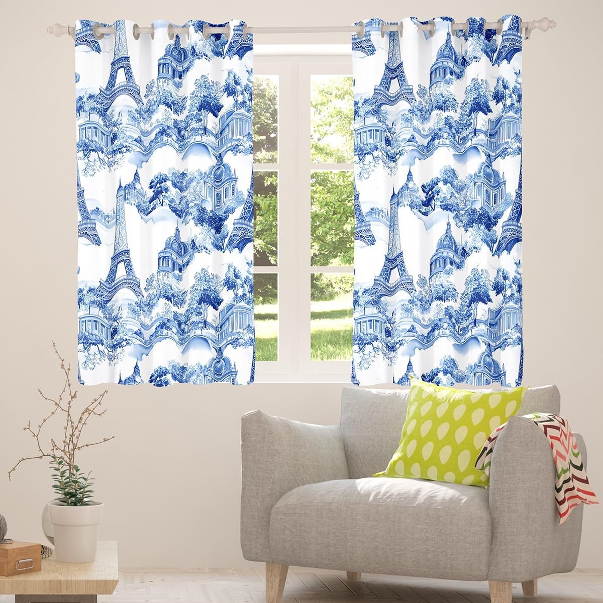 jejeloiu Eiffel Tower Curtains for Bedroom Living Room (2 Panels, 38 x 45 Inch) Paris Room Darkening Blackout Curtain Valentines Darkening Drapes Trip Design Window Treatments Light Blue