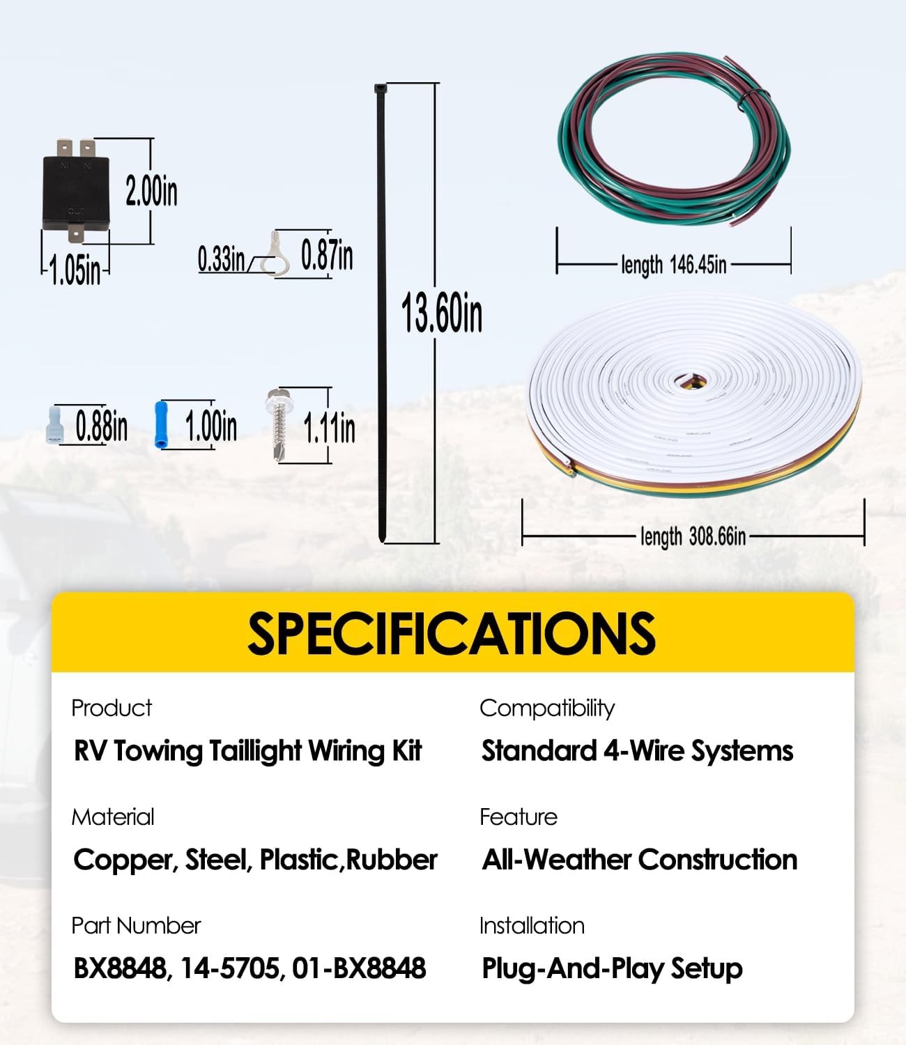 BX8848 Tail Light Wiring Kit | RV Towing Taillight Wiring Kit w/ 4 Diode - 26' Harness | Prevents Electrical Feedback | Compatible w/Towed Vehicles (Cars, SUVs, Trailers)