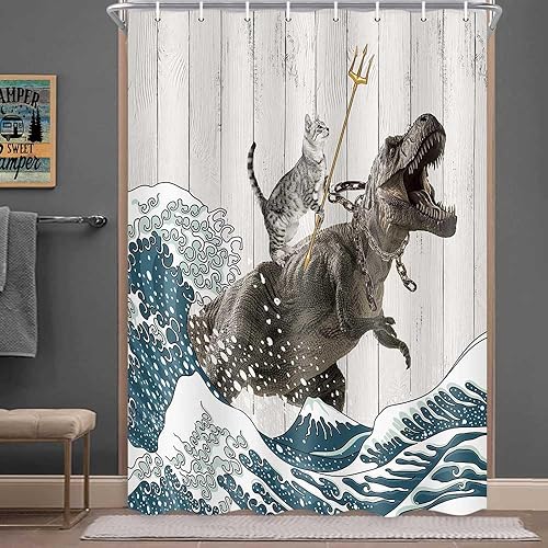 Miniatura 33 de Boziqr Divertida cortina de ducha con diseño de gato, dinosaurio japonés con ondas oceánicas, cortinas de baño de tela para niños, cortina de ducha