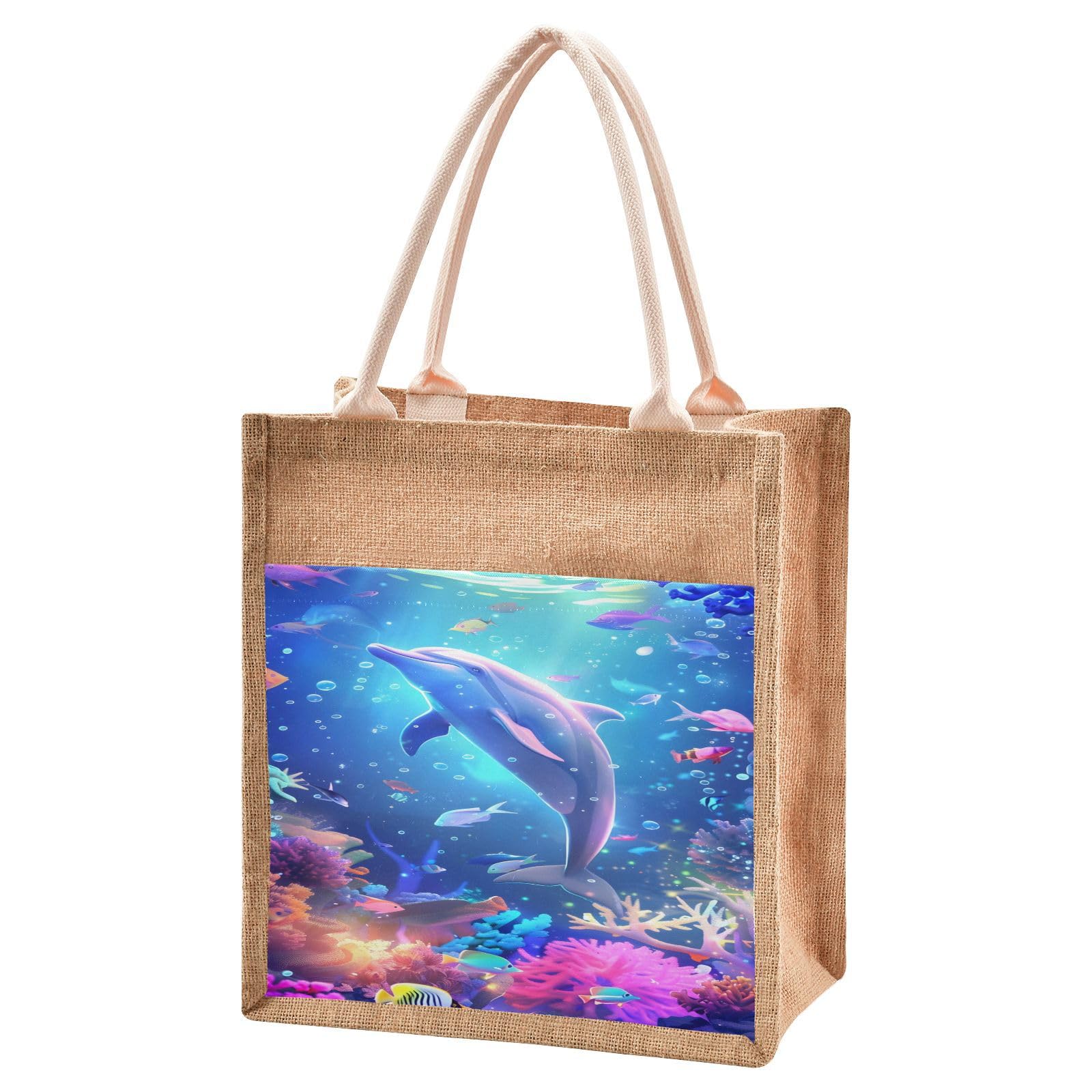 Mnsruu Burlap Jute Tote Bag Dolphin Colorful Coral Ocean Reusable Grocery Shopping Bag Beach Tote Bag for Women Girls Bridesmaid Wedding School 43x32x18cm