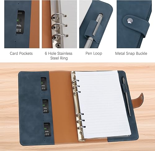 Miniatura 3 de GoodSing Cuaderno de cuero con anillas A5, carpeta A5 de 6 anillos con papeles de repuesto A5, bolsillos para carpetas y separadores de temas, hoja