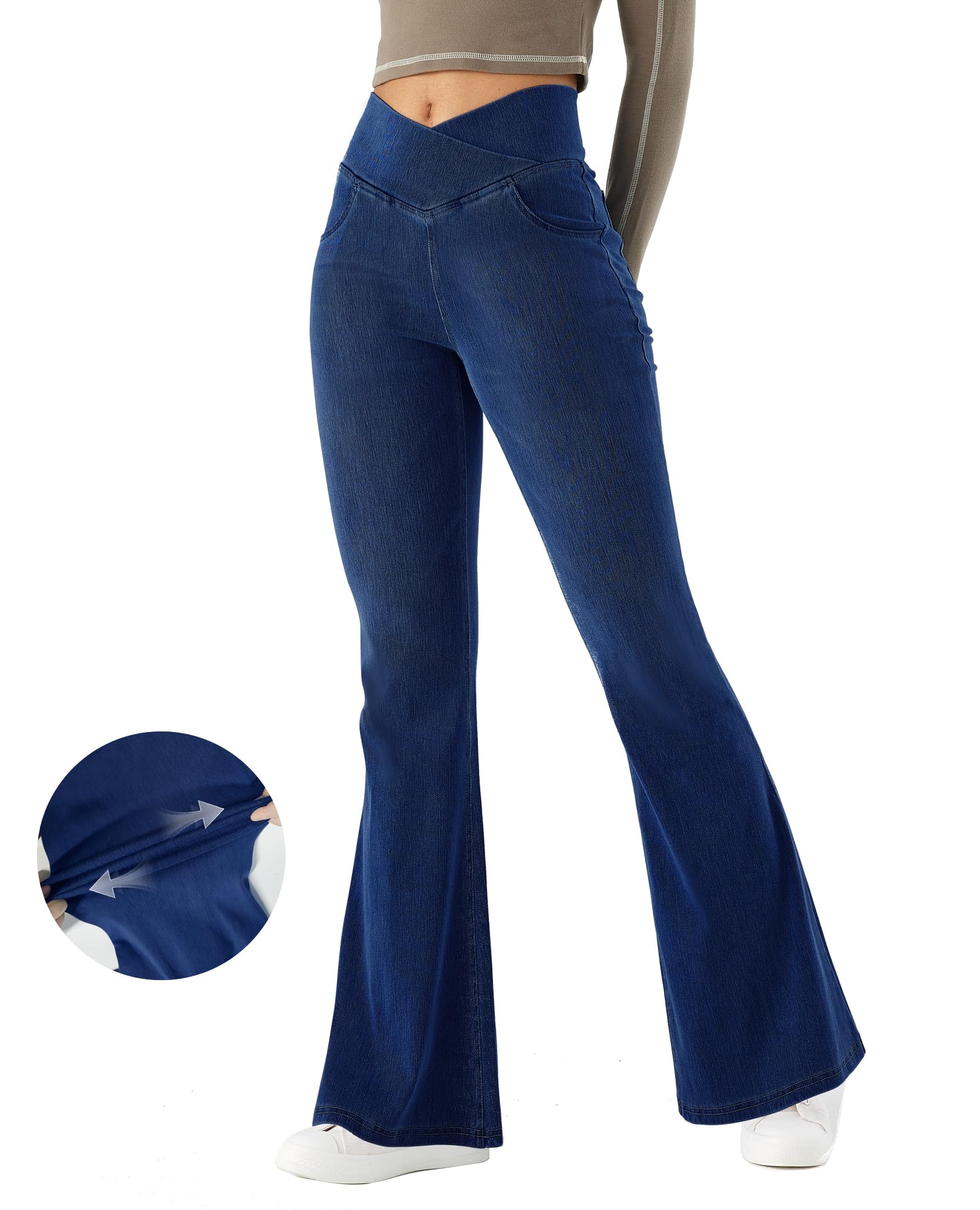 LaiEr Pantaloni Yoga Donna con Incrocio a V Vita Alta Controllo dell'anca Fitness Casual Skinny,Pantaloni da con Taglio a Zampa e Stampa Denim Leggings Fitness Svasati con Tasche Laterali