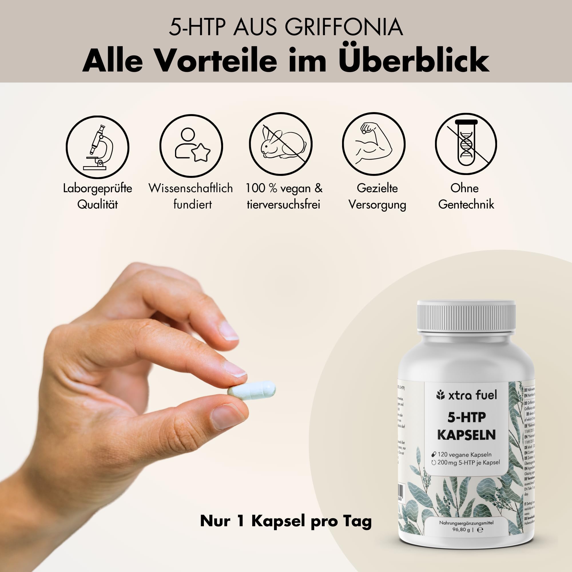 5-HTP - 360 Kapseln mit 200 mg 5-HTP pro Kapsel (hochdosiert) - 30% Extrakt aus natürlichem Griffonia Simplicifolia - laborgeprüft & vegan, pflanzliches 5 Hydroxytryptophan