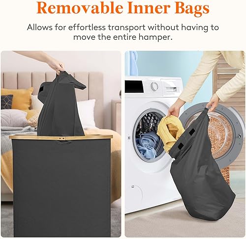 Miniatura 3 de Lifewit Cesta de lavandería de 150 litros con tapa de 3 secciones, cesta grande para la ropa sucia con asas de bambú y bolsas de lavandería
