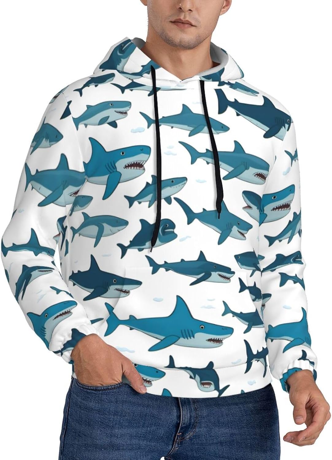 Shark Pattern with Various Gestures print Men's novelty hoodie print sweatshirt for casual pullovers for both men and women Black