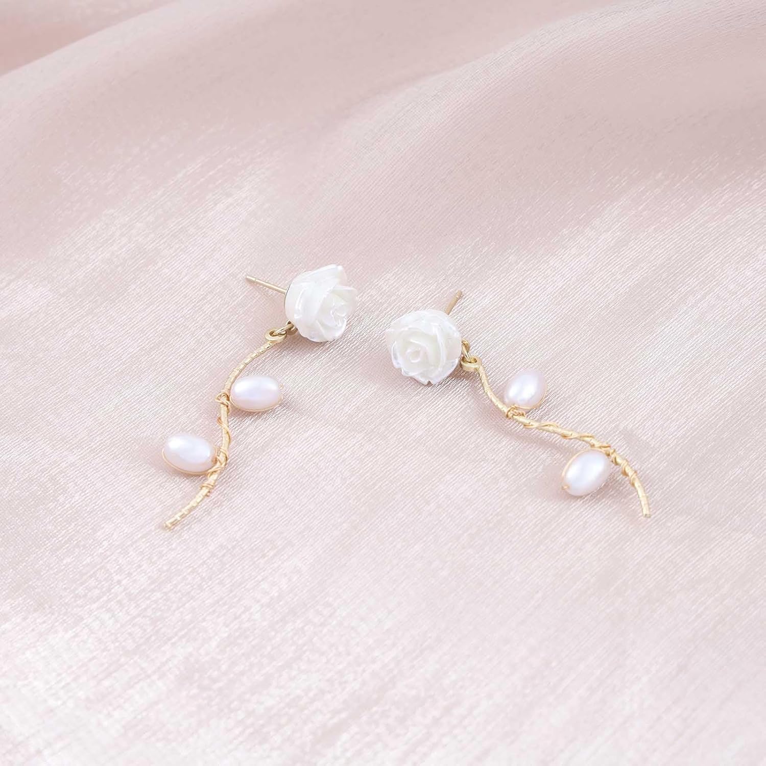Bohemian Camellia Pearl Dangle Earrings Gold Baroque Pearl Drop Earrings Enamel Rose Flower Stud Earrings Retro Camellia Flower Earrings Jewelry for Women Gifts - Image 6