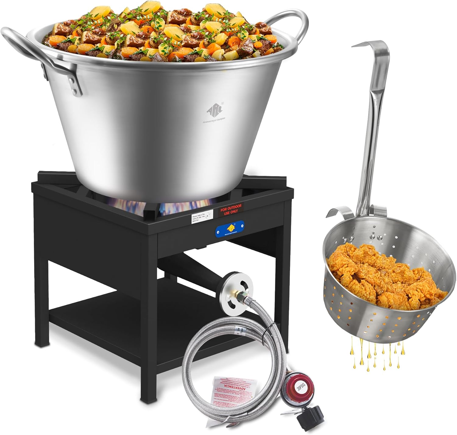 ARC 41QT Mexican Cazo Para Carnitas Set, 200,000BTU Cast Iron Propane Burner, Stainless Steel 21" Heavy Duty Outdoor Wok With 11.8" Fry Strainer Basket, Great for Carnitas, Braising, Seafood Boiling