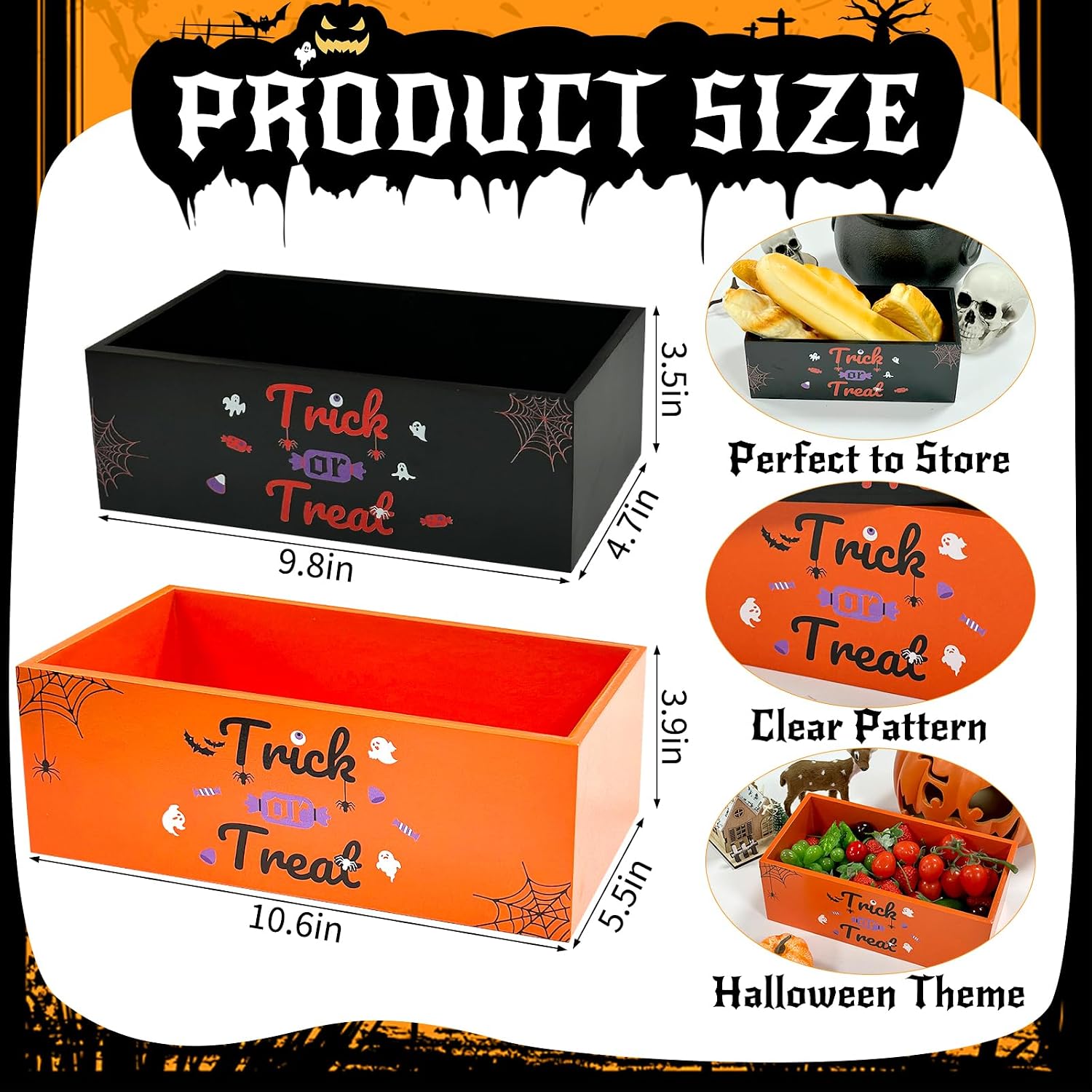 2 PCS Halloween Candy Bowl Wooden Funny Dish Trick or Treat Basket Thanksgiving Candy Dish Holders for Halloween Holiday Party Supplies Indoor Table Decor image 2