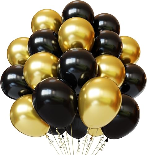 Globos negros dorados, 50 globos dorados y negros de 12 pulgadas, globos de látex negros para cumpleaños, Año Nuevo, boda, decoraciones de fiesta de