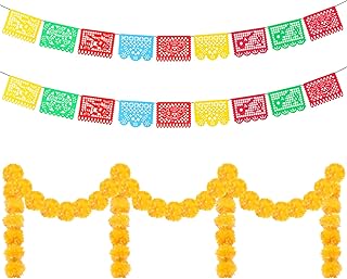 14.8 Ft Mexican Party Banners 4 Pieces Plastic Papel Picado Banners, 5 Ft Artificial Marigold Flower Garland Indian Style Decor Diwali Decoration Dia De Los Muertos Decor Fiesta Party Decorations