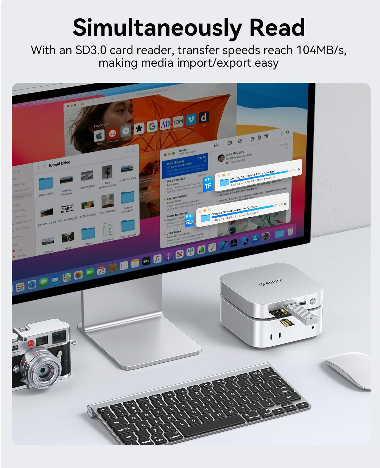 Dock e Supporto ORICO MiniLink per Mac mini M4, Hub USB C in Alluminio con Custodia SSD per M.2 NVMe/SATA, 2 porte USB 3.2 a 10Gbps, SD/TF 3.0, Dock Argento per Mac mini M4 / M4 Pro - M49P