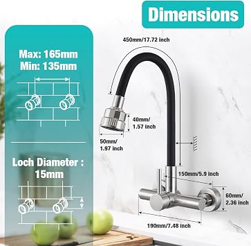 CREA Kitchen Wall Tap with Black 360° Flexible Silicone Soft Hose, Single Lever Mixer Tap for Sink Kitchen with 4 Water Jets Shower Head, Brushed Stainless Steel