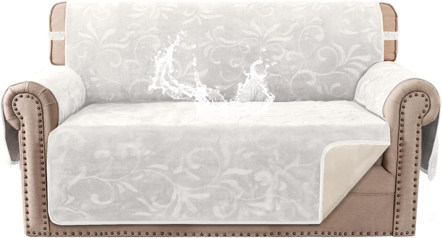 H.VERSAILTEX Sofa Slipcover 100% Waterproof Couch Cover Velvet Classic Flower Pattern Furniture Protector Non Slip with Elastic Straps for Pets Dogs Width Up to 52 Inch (Medium Sofa, Ivory)