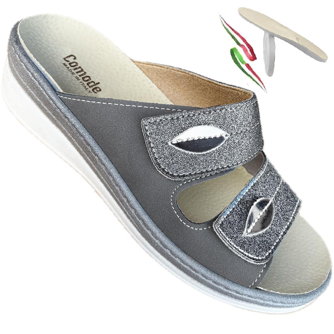 Ciabatte DONNA ecopelle regolabili a strappi eleganti COMODA LADY plantare estraibile in vera pelle - made in Italy