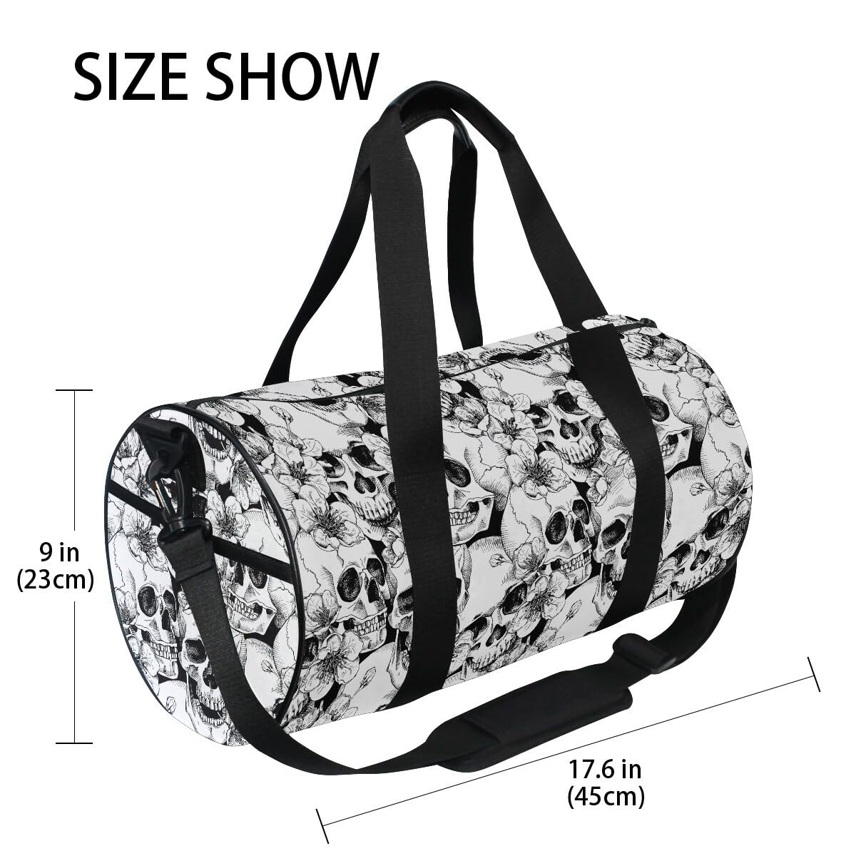 ALAZA Foldable Duffle Bag Womens Mens for Travel Sports Camping Yoga Swim Skull and Flower Small Round Gym Bags with Shoulder Strap Top Handle - Image 4