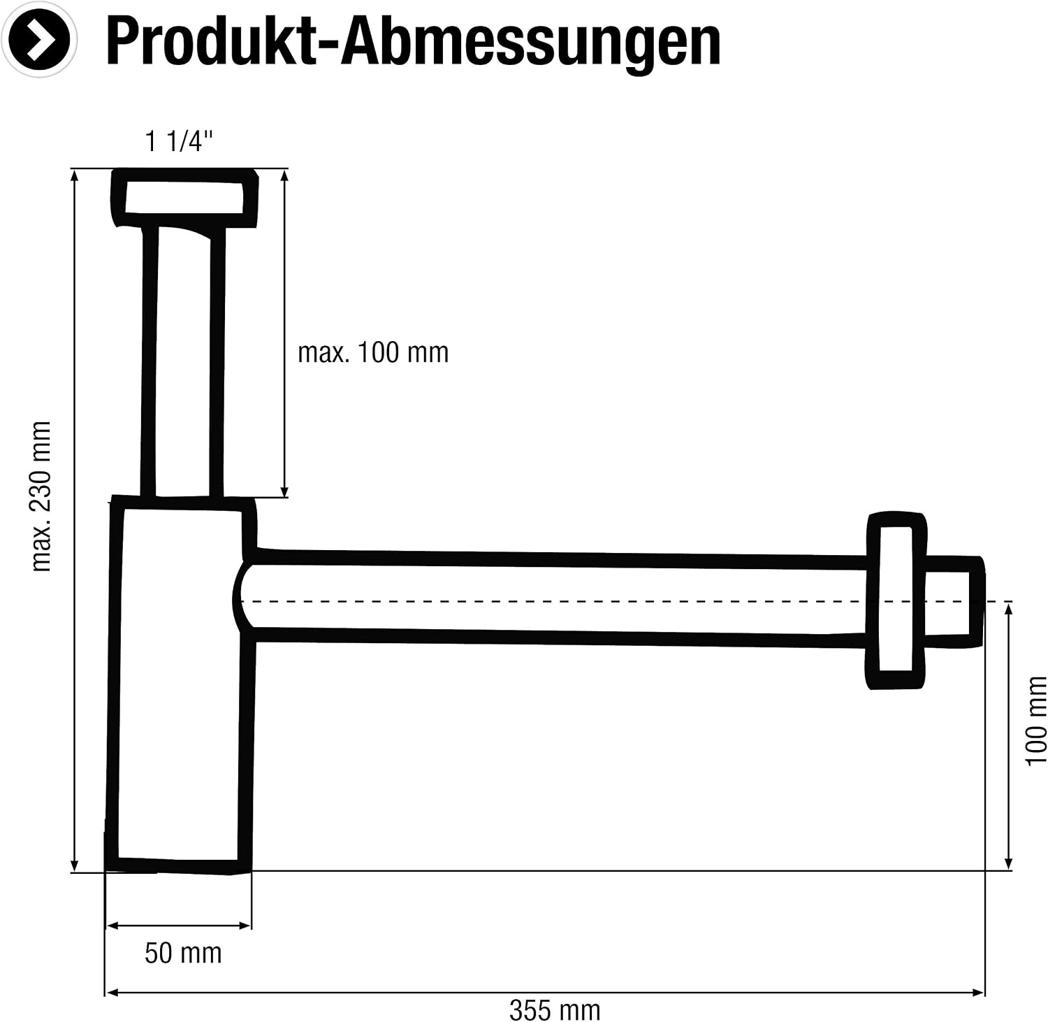 Technical drawing showing the dimensions of the Cornat basin siphon, including connection sizes, maximum height, and overall length.