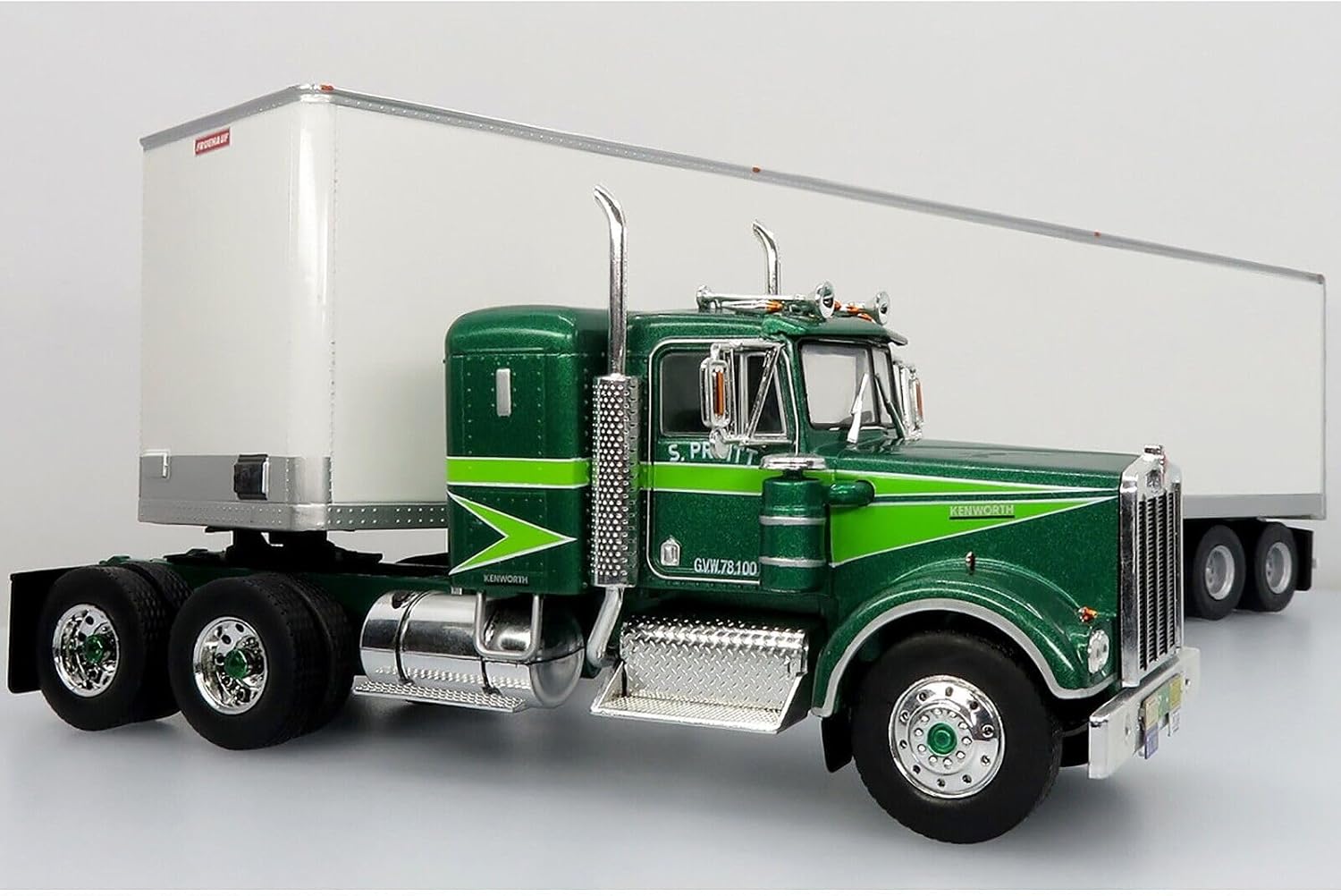 1976 W 900 A Tractor with Dry Goods Trailer Green Metallic with Light Green Graphics Vintage Heavy Haul Truck Collection 1/43 Diecast Model by Iconic Replicas 43-0591
