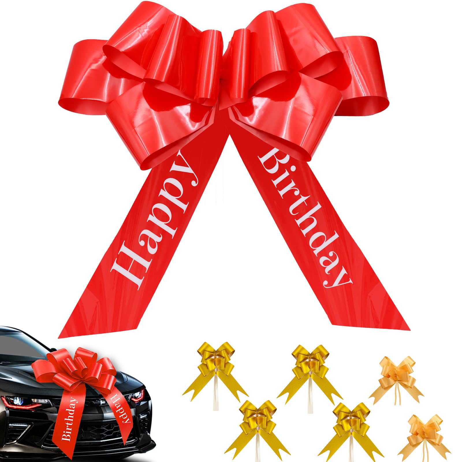 ZOCONE 30inch Birthday Big Red Bow for Car with 6 Golden Car Ribbon for Prom Large Gift Bows for Wrapping Butterfly Shape Giant Bows for Presents Bike Extra Large Birthday Bow for Car