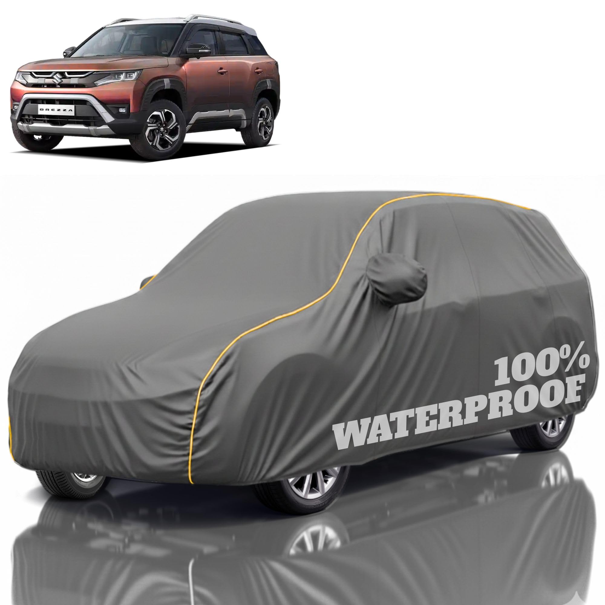 Premium Polyester Car Cover Brezza All-Weather Protection from Rain, Dust &amp; Sun | UV Resistant Fabric | Full Body Secure Fit for Outdoor &amp; Indoor Parking Grey