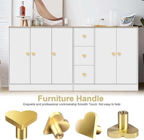Miniatura 3 de 4 manijas de latón macizo en forma de corazón, manijas de oro cepillado de 1.18 pulgadas para armarios de cocina, muebles, armario, puerta, tocador,