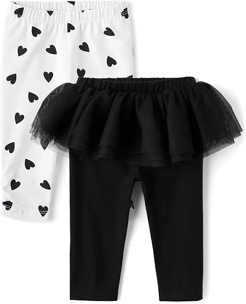The Children's Place,Baby Girls,and Newborn Knit Pull On Pants,Black Ruffle/White Hearts 2-Pack,6 Months,9 Months