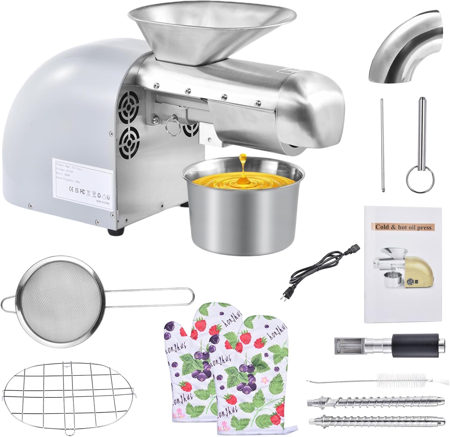 1800W Oil Press Machine, Nut Seeds Oil Extractor Cold& Hot Press Machine,Temperature Control 32F-572F,Extended Rod, 13-19LBS/H, Lower Noise,For Coconuts,Cocoa Beans,Avocado,Amaranth Seed(Grey)