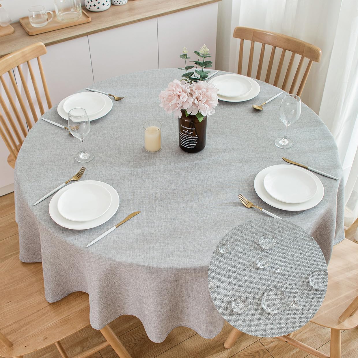 Tovaglia Tonda RONGER In Misto Cotone Con Frange - Diametro 100 Cm - Grigio Chiaro Elegante Per Tavolo Da Cucina