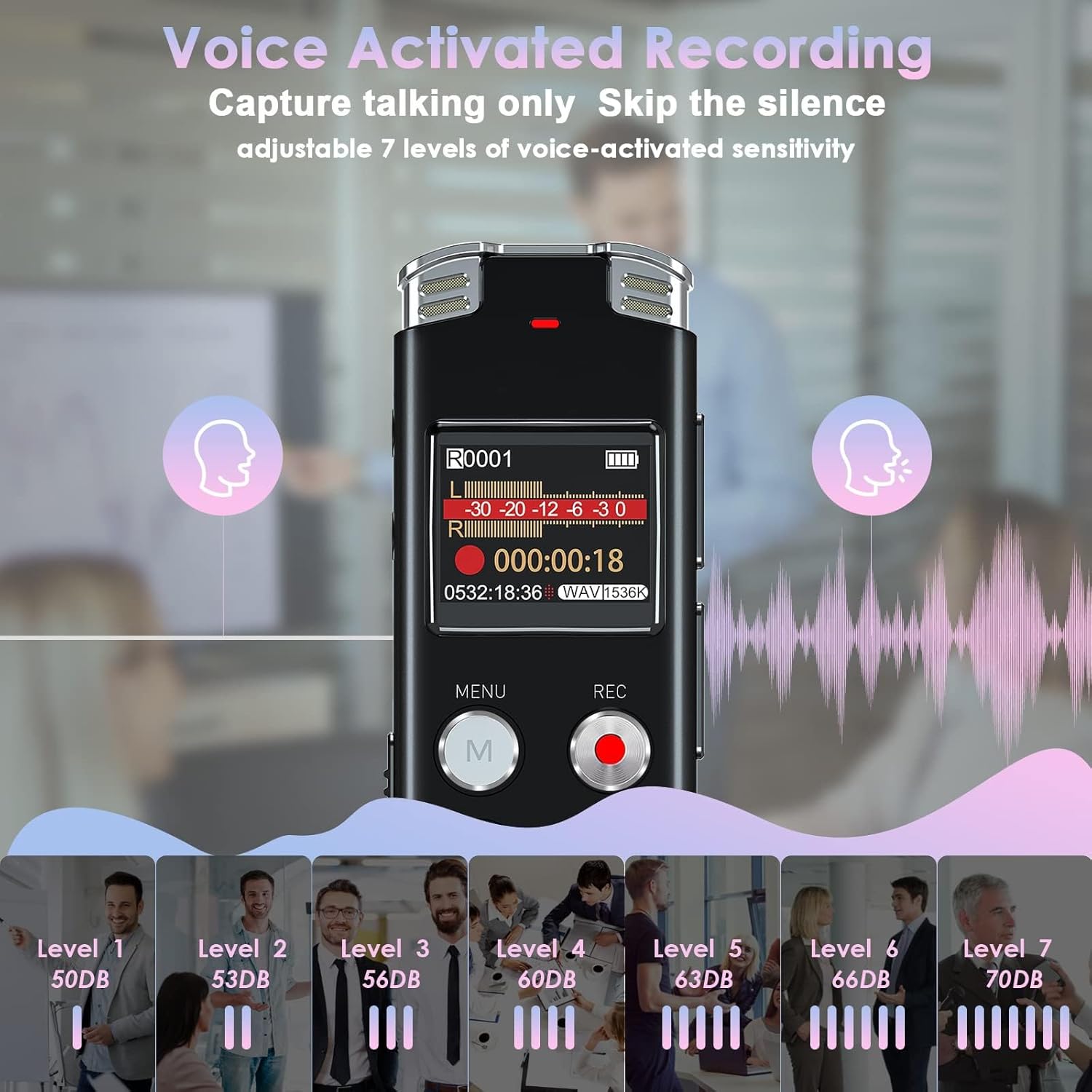 Voice Activated Recording with 7 sensitivity levels