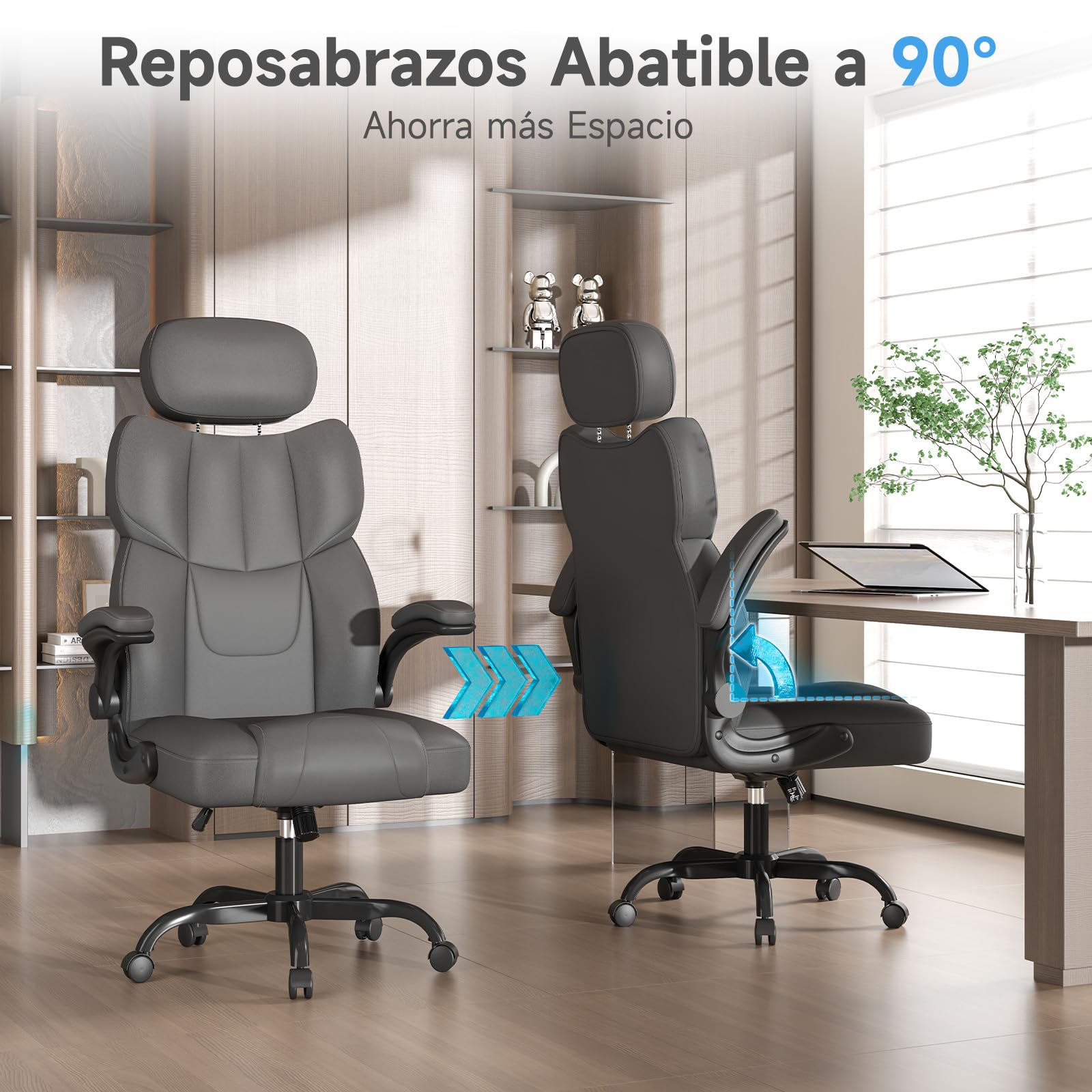 naspaluro Silla de Oficina, Silla de Escritorio Ergonómica, Silla Giratoria con Función de Inclinación, Apoyabrazos Plegables, Silla Ordenador de Cuero PU con Reposacabezas Ajustable, Gris Oscuro