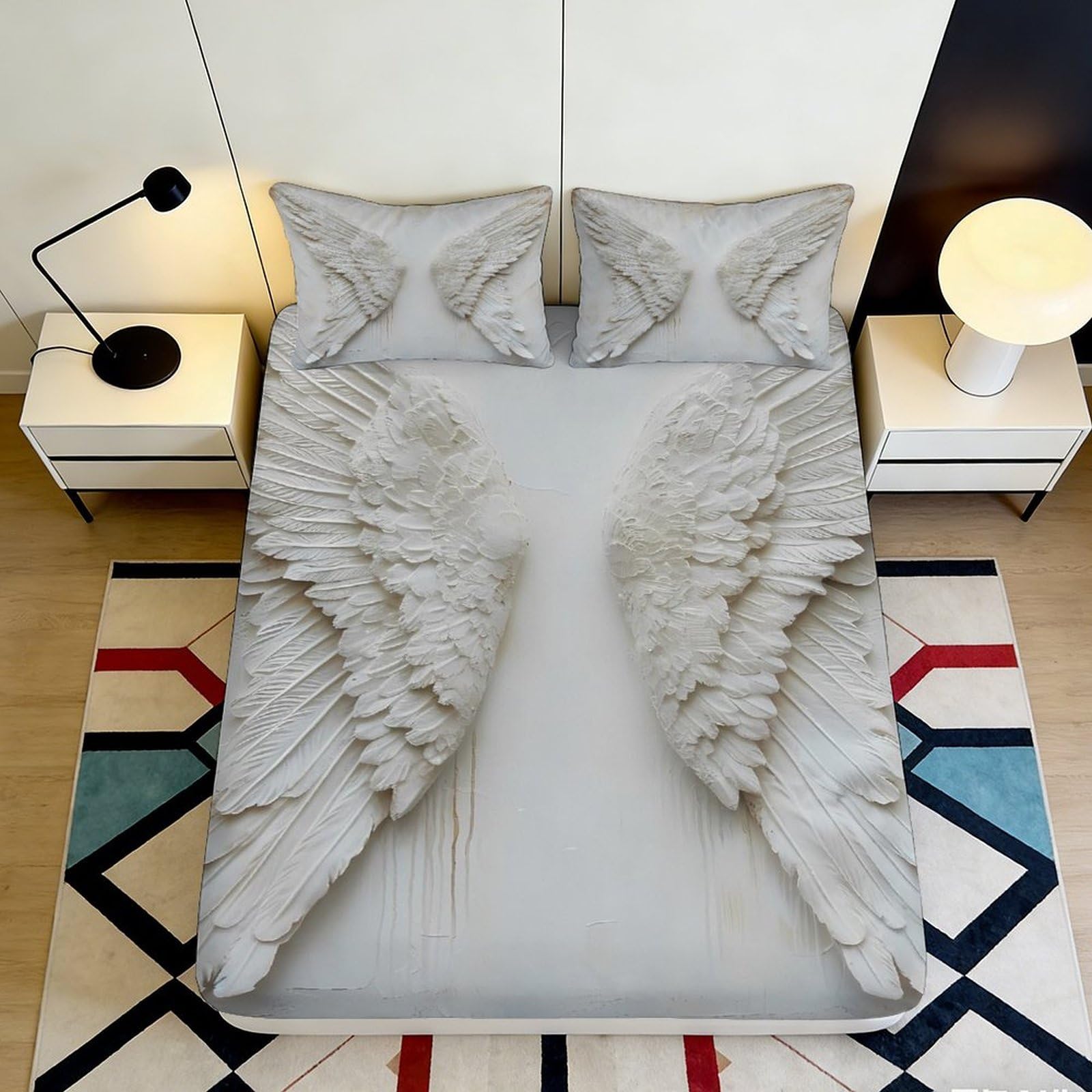 3D Printed Angel Wings Fitted Sheet Microfiber Soft Breathable White Feather Bed Cover for Bedroom Dormitory Guest Room Mattress Protection 180x200x25cm