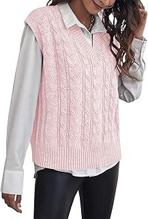 Dellytop Women's V Neck Cable Knit Sweater Vest Sleeveless Knitwear Tank Tops