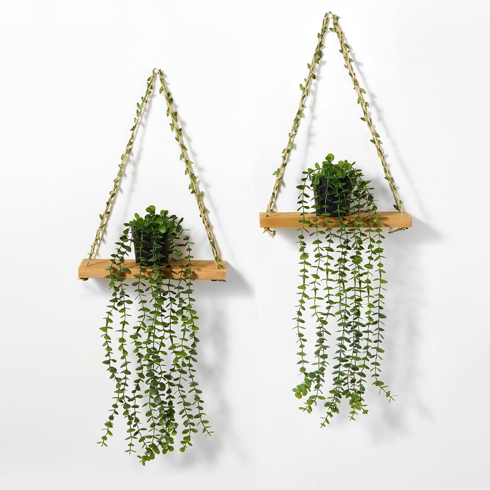 Mokof 2 Pack Wooden Hanging Shelves with Artificial Eucalyptus Plants Wall Decor for Living Room, Bedroom, Bathroom - Fake Hanging Plant and Wood Wall