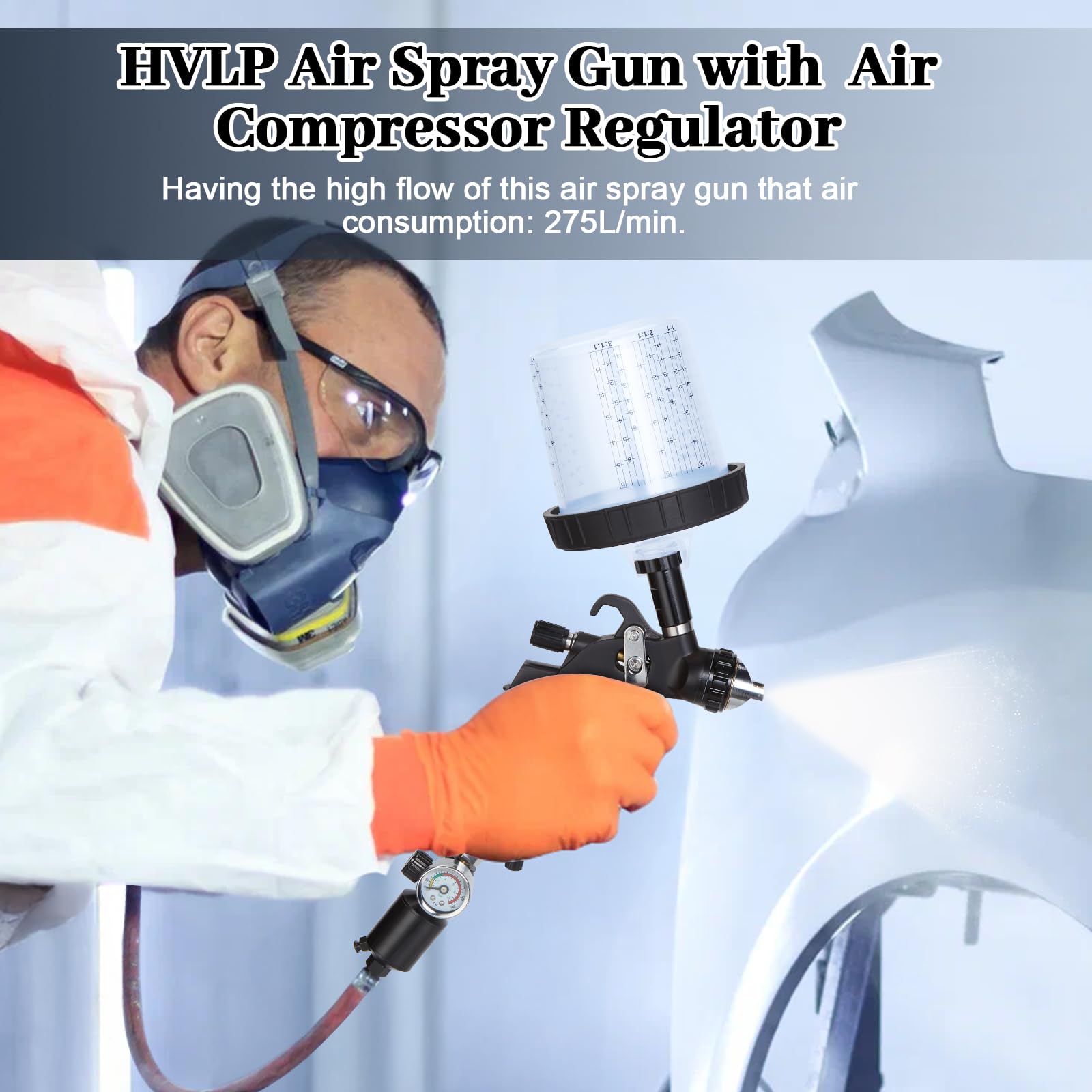 BlumWay HVLP Pistola de pulverización de aire con boquillas de 1,4/1,7/2 mm y regulador de compresor de aire, pistola pulverizadora de aire con 10 vasos mezcladores de 600 cc y tapa, pulverizador de