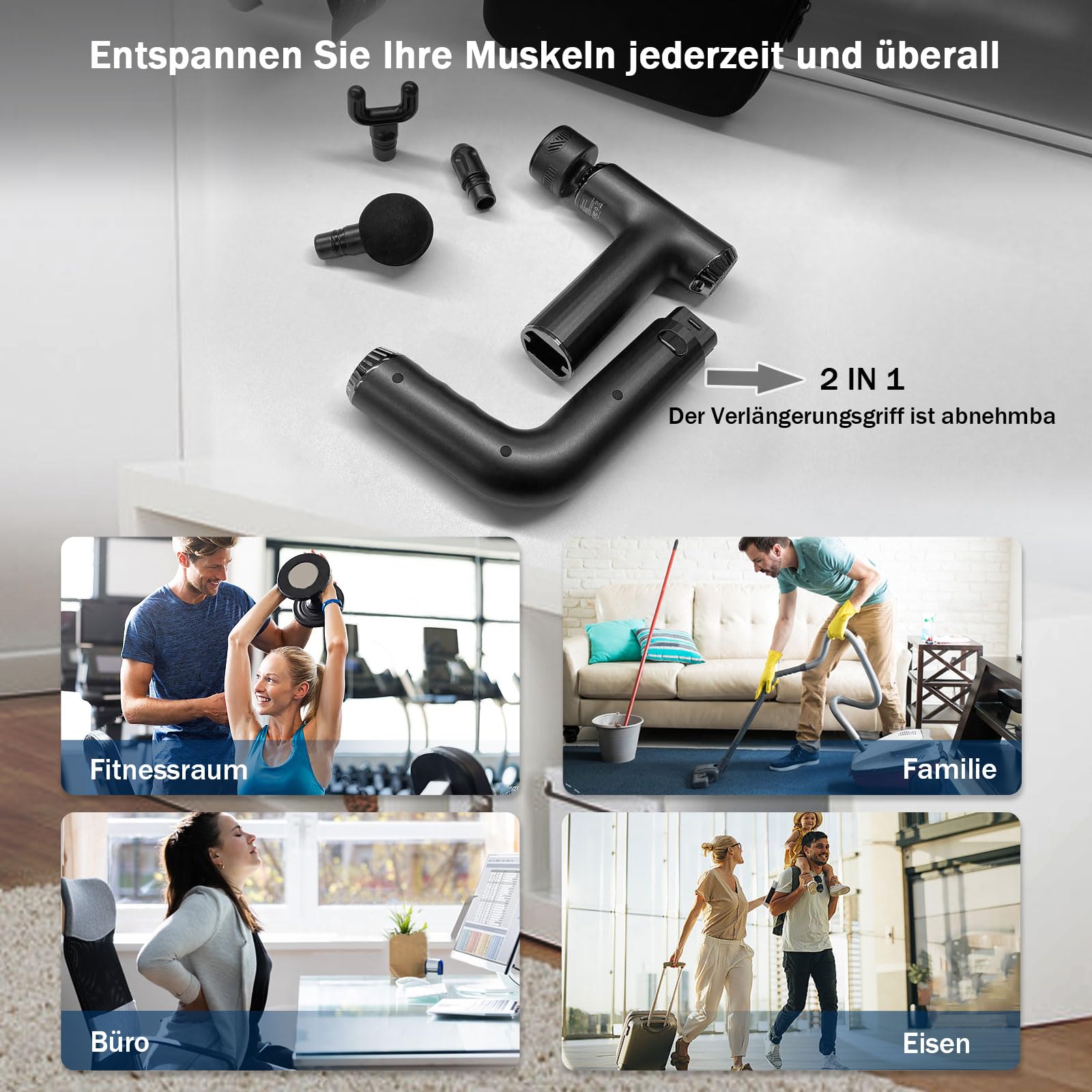 2 in 1 Massagepistole mit Wärme und Kälte, Mini Massagegerät mit Verlängertem Griff, Massage Gun mit Hitze KäLte Function,Tiefengewebe Muskel Massagegerät, 4 Köpfe & Koffer