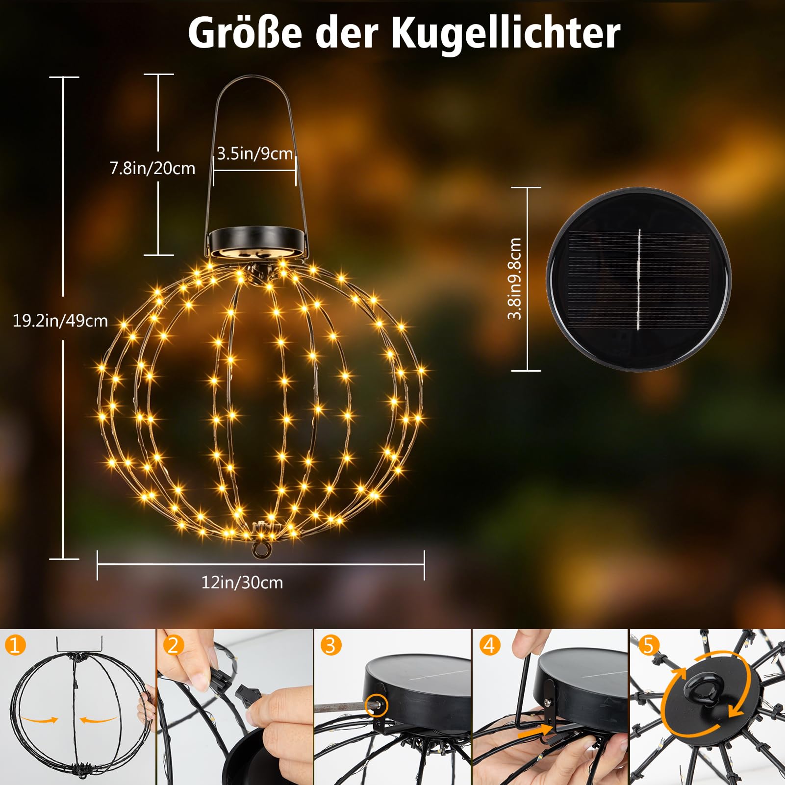 2 Stück 30cm Solar Leuchtkugel Hängend Außen mit Timer für Garten(Warmweiß) | 240 LED Solar Hängende LED Kugel Lichter 8 Modi, Faltbare Wasserdichte Leuchtkugel für Balkon Party Deko