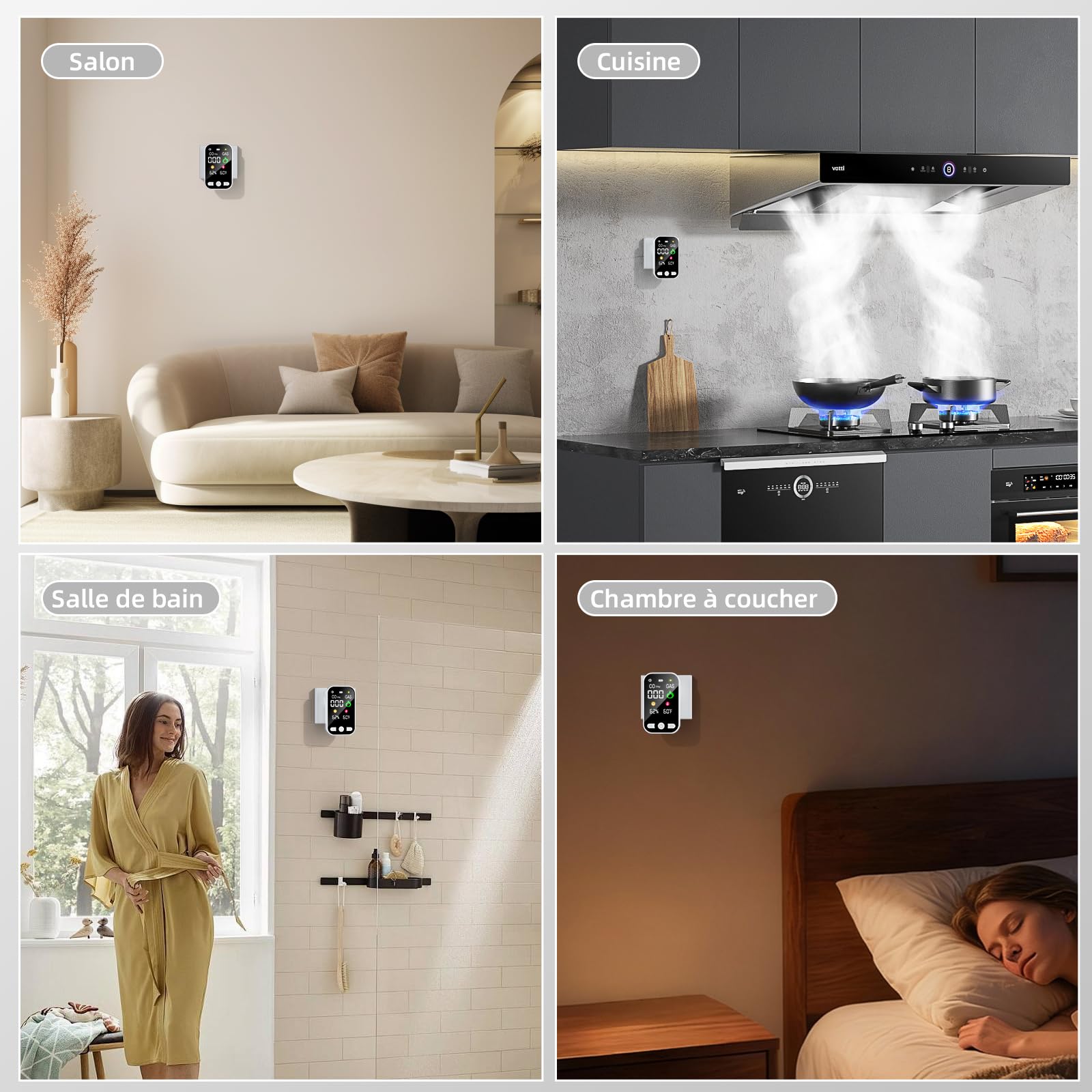 4 in 1 Plug in Détecteur Monoxyde de Carbone,Alarme de CO Portatif,Detecteur de Gaz avec Batterie 1000mah Rechargeable Intégrée & HD L'écran[CO Temp Humidité]- Norme en 50291-Blanc