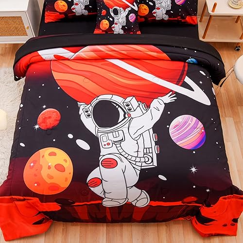 Miniatura 8 de Juego de edredón de tamaño matrimonial para niños, juego de ropa de cama de astronauta del espacio exterior en una bolsa, juego de edredón de 6
