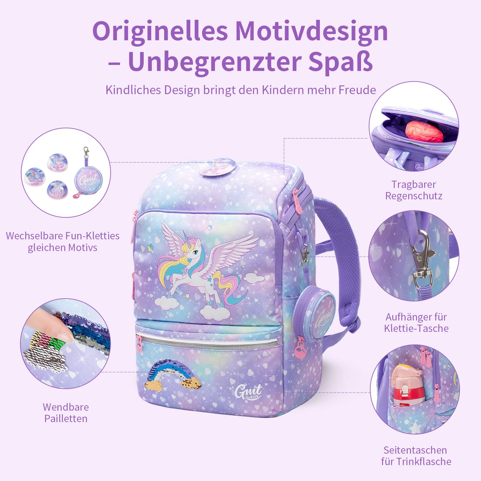 GMT for Kids Schulranzen 1-4 Klasse 22L Ergonomische Ultraleichte Schultasche Einhorn