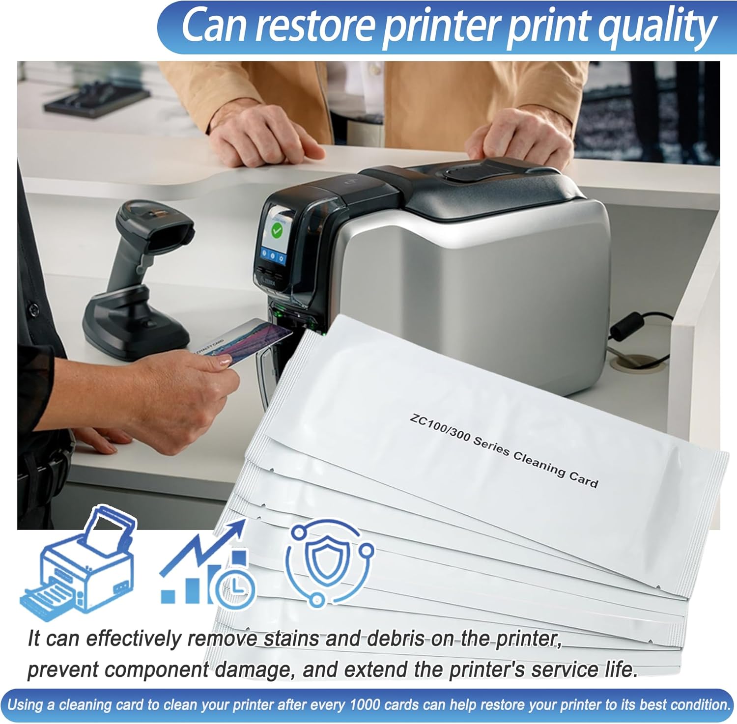 ZC100 ZC300 Cleaning Card for Zebra ZC100 ZC150 ZC300 ZC350 ID Card Printer, 10Pcs Single-use Cleaning Card for Easy Use (105999-311)
