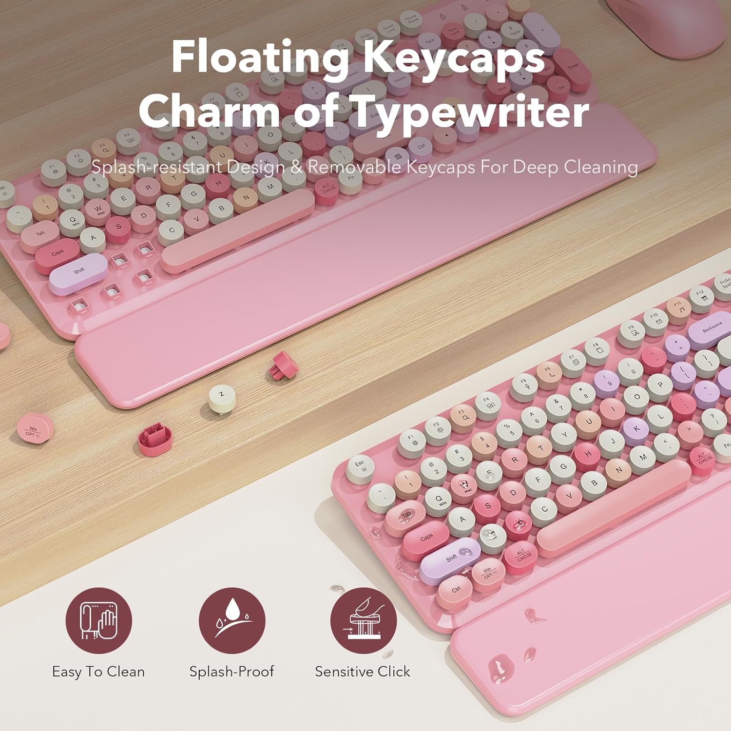 Wireless Keyboard and Mouse Combo, Cute Retro Typewriter Keyboard with Round Keycaps and Magnetic Wrist Rest, Full-Size 2.4GHz Cordless for Mac, Windows PC, Laptop, SABLUTE CK23, Pink Multi-Color