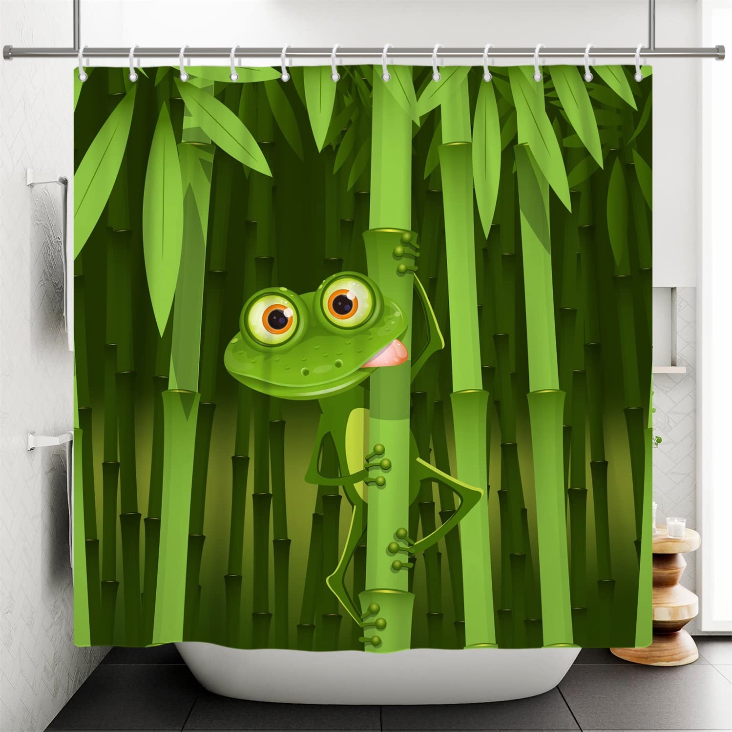 SDOTPMT 180x198cm Cute Frog Shower Curtain Funny Frog Bamboo Cartoon Animal Abstract Tree Leaves Bath Curtain Green Bathtub Curtain for Kids Bathroom Fabric Polyester Waterproof with Hooks