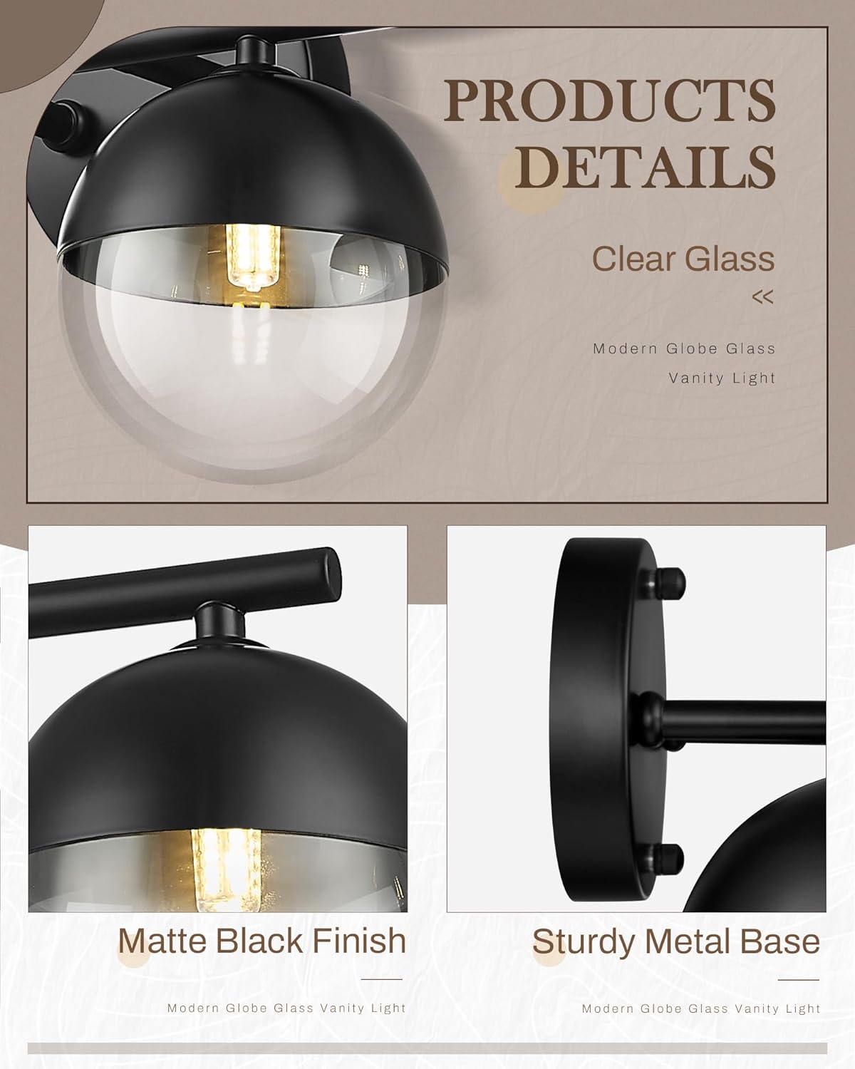 LMS 3-Light Bathroom Light Fixtures, Matte Black Finish Industrial Bathroom Light Fixture Over Mirror, Wall Sconce Lighting with Clear Globe Glass Shade, LMS-186VL-BKC3